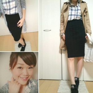 チェックシャツ×タイトスカート×インヒールスニーカー