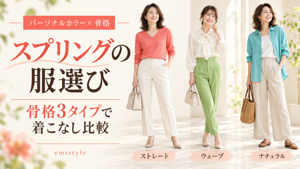 パーソナルカラー「スプリング」のコーデ｜骨格ストレート・ウェーブ・ナチュラルで着こなしを比較！